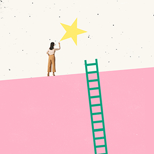 Contemporary art collage. Bussinesswoman, motivated employee reached the top, star symbolizing successful work. Concept of business, successful employee, promotion, teamwork, help