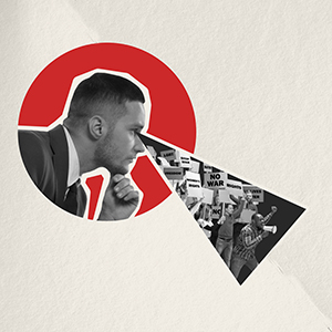 Creative design. Conceptual image. Young man, politician looking on people protesting against war. Concept of politics, social issues, human rights, propaganda, terror. Asking for peace